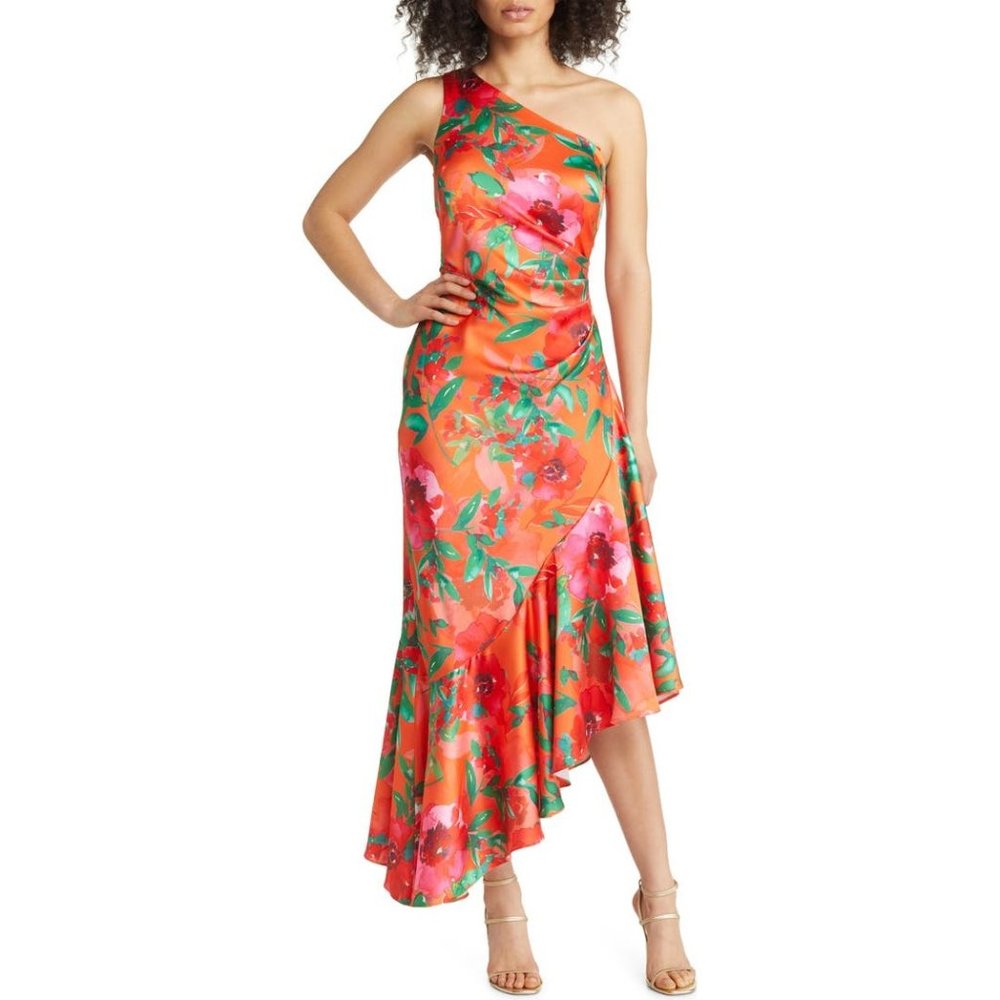 ELIZA J Floral One Shoulder Ruffle Cocktail Dress